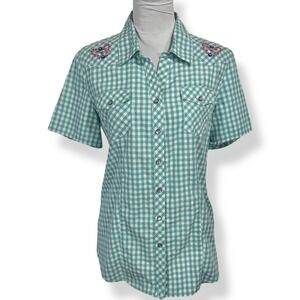 Bit & Bridle Western Plaid Pearl Snap Shirt Size M Embroidered Heart